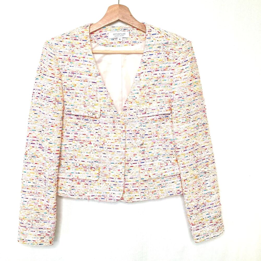 Emanuel Ungaro Womens Size 6 Off White Multi Color Tweed Blazer Crop Jacket Boxy